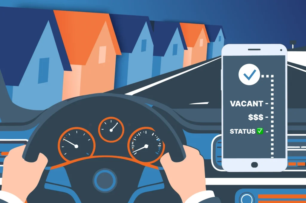 a visual showing an investor following property data  like a GPS with a lot of properties ahead in the view