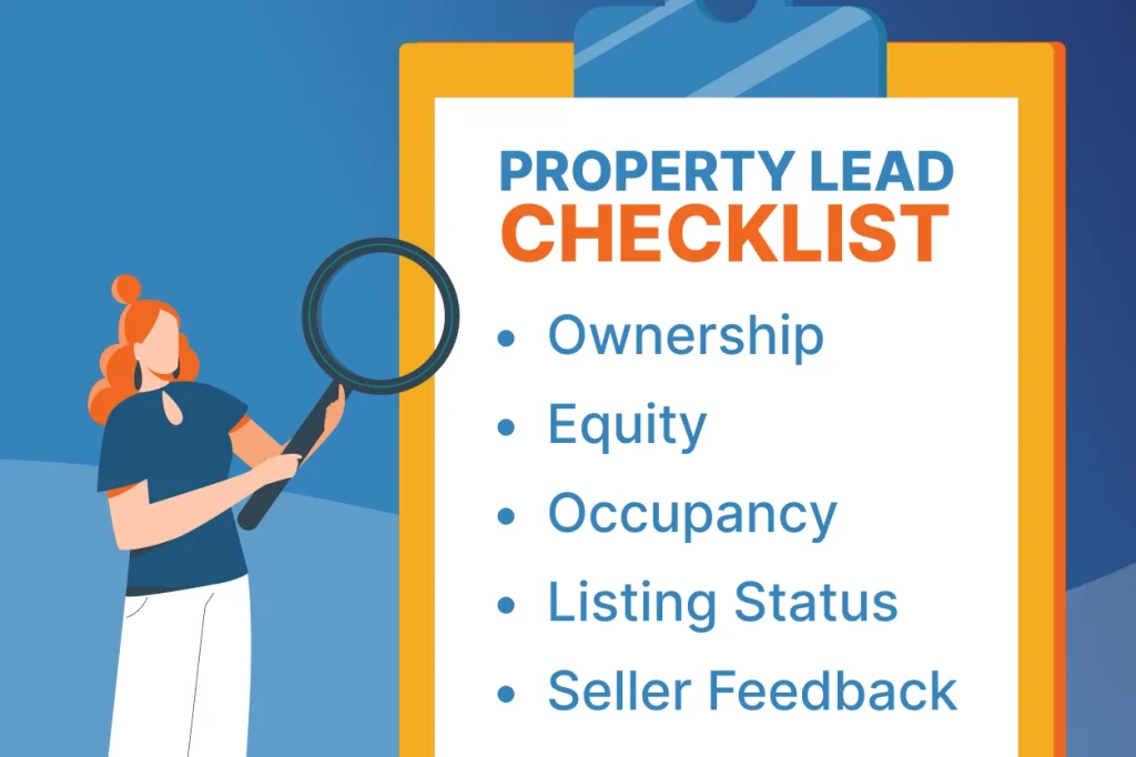 a visual showing a real estate investor reviewing a property lead with a magnifying glass, checking five key details: Ownership, Equity, Occupancy, Listing Status, and Seller Feedback